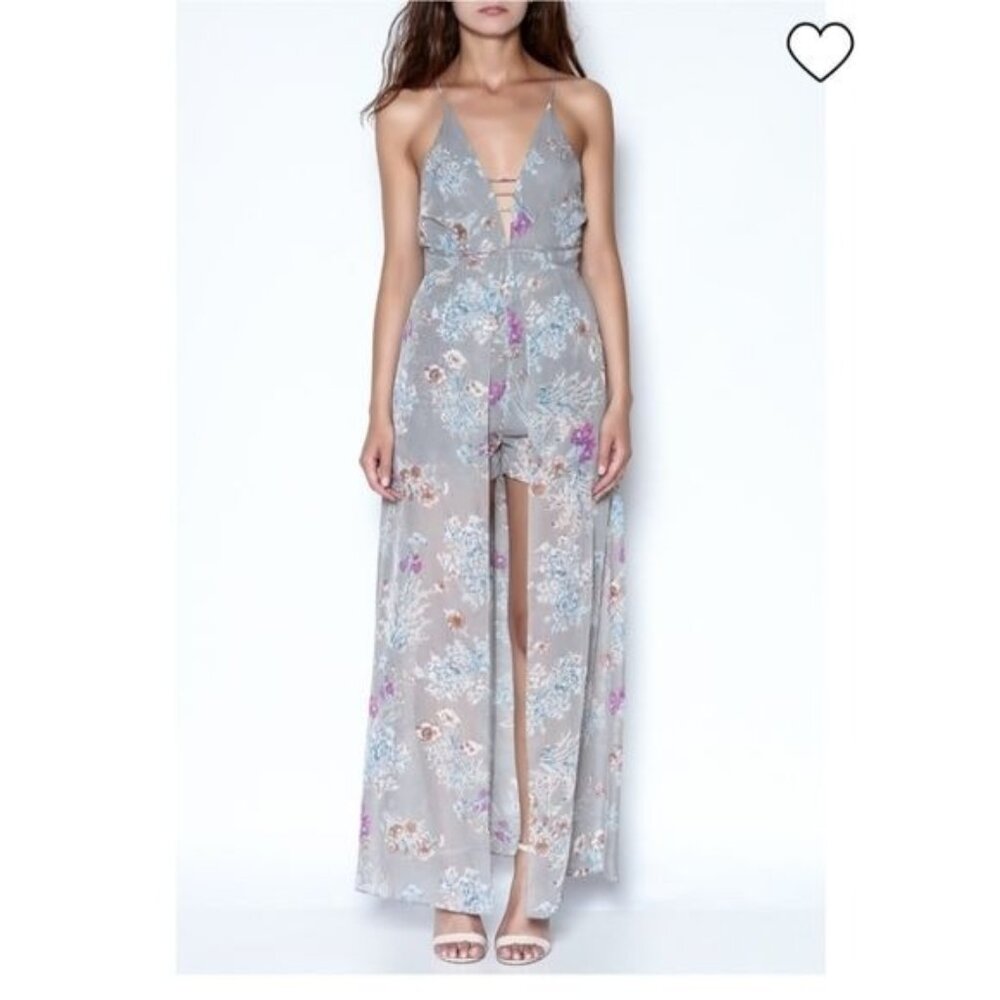 essue Floral Print Gray Maxi Romper Dress With Sheer Overlay Halter Neck Size L‎